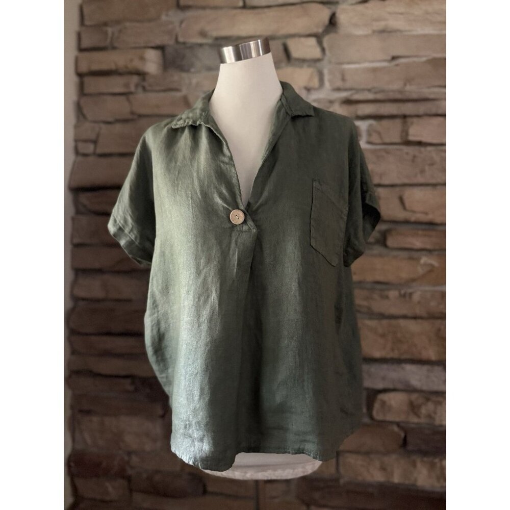 Gigi Moda Olive Green 100% Linen Top Button Accent Made In Italy One Size